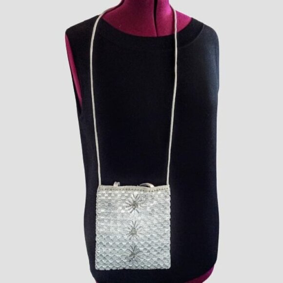 Signature Club A Silver Grey Satin Beaded Cross Body Bag - Picture 7 of 7